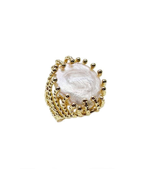 Coin Shaped Freshwater Pearl Open Ring KR001-0