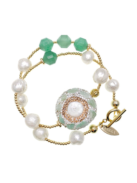 Freshwater Pearls With Aventurine Rhinestone Double Wrapped Bracelet HB002-0