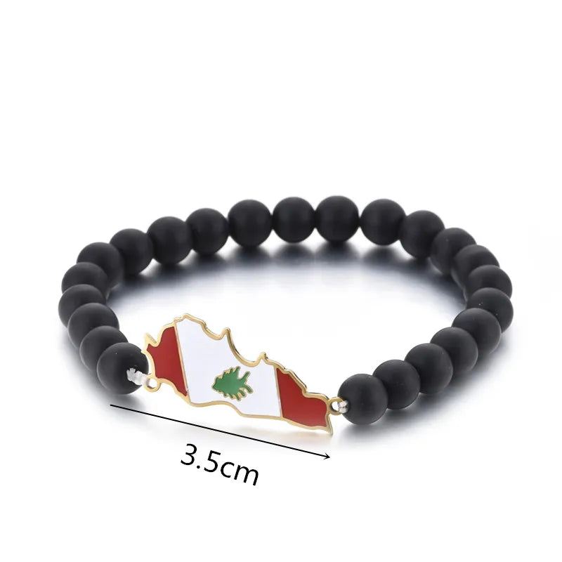 Lebanon Map With Flag Black Beads Bracelet