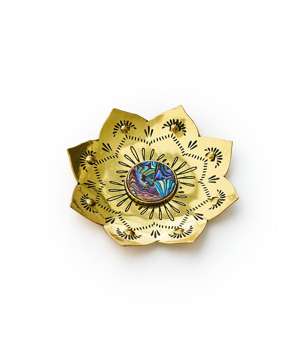 Kairavini Lotus Trinket Dish - Etched Brass, Abalone