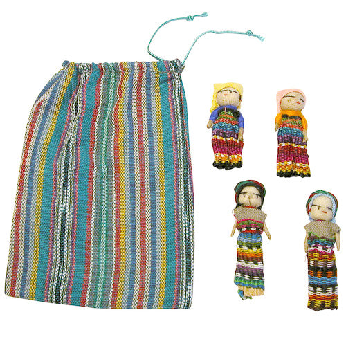 4 Worry Dolls in a Woven Bag