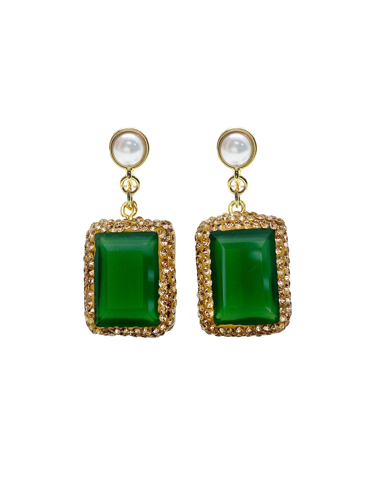 Rectangle Shaped Green Jade Rhinestone Clip-on Earrings HE005-1