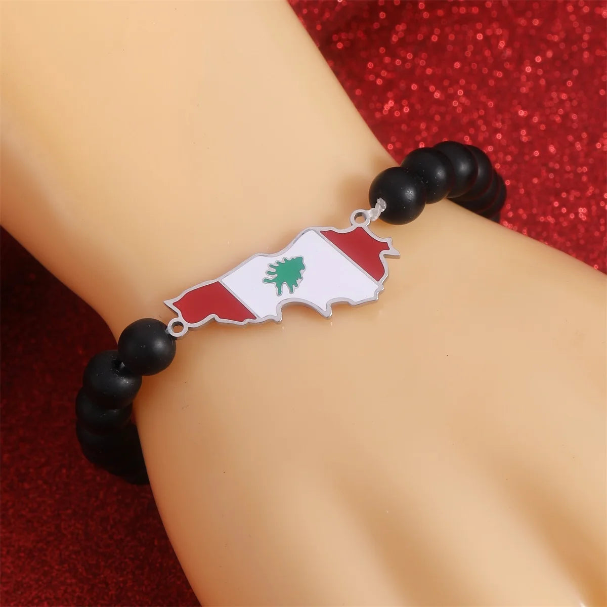 Lebanon Map With Flag Black Beads Bracelet