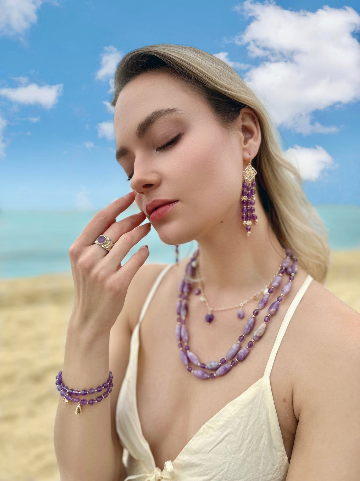 Double Layers Purple Gemstone Necklace LN018-3