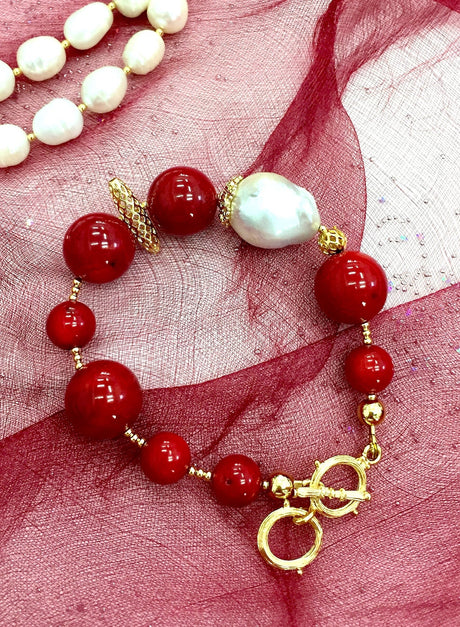 Round Coral with Baroque Pearls Bracelet CB004-0