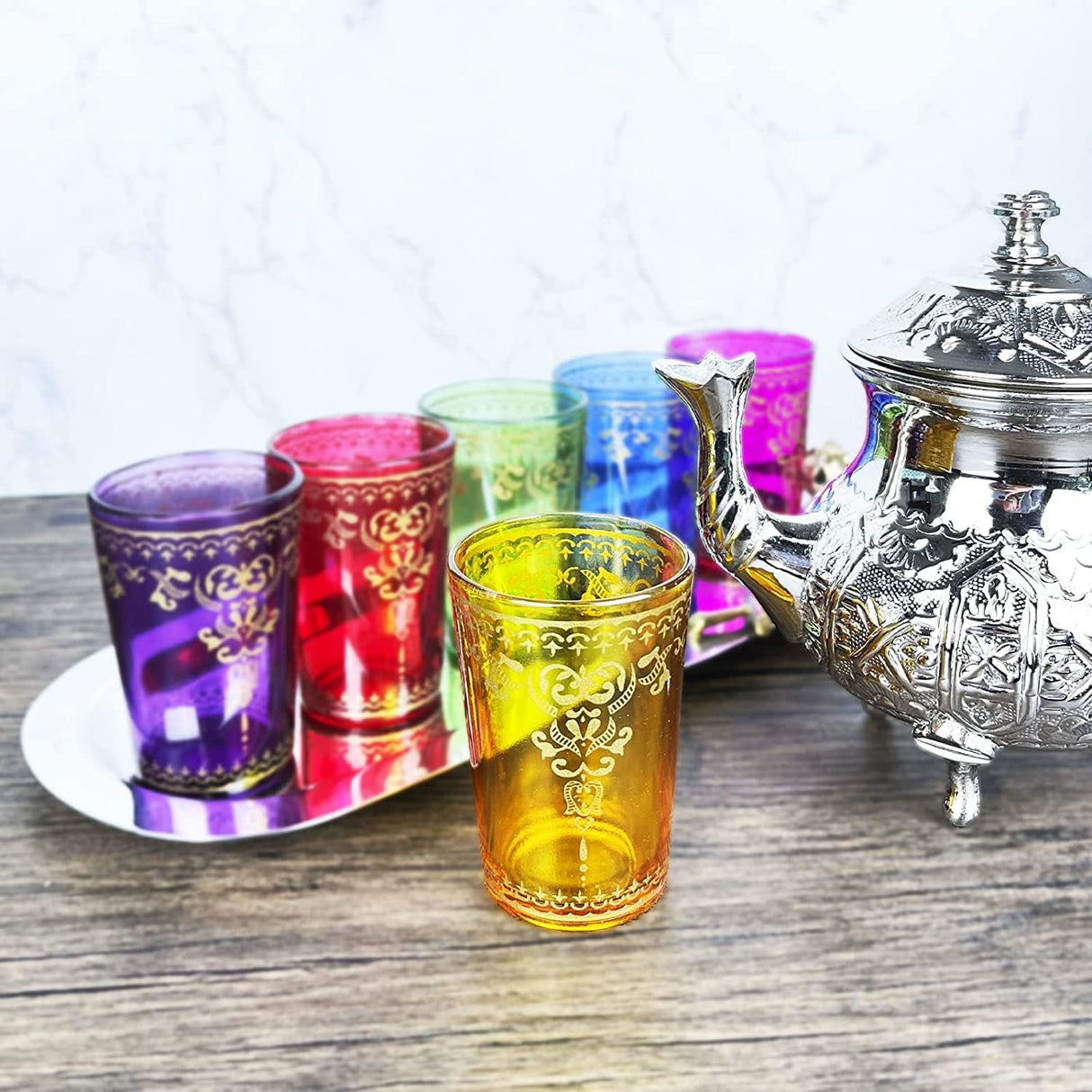 The Wine Savant Moroccan Glasses Artisan Hand-Made Multipurpose 170 ml 6 oz Tea and Wine Morrocan Tumbler Marrakech & Casablanca Tea Cups Set of 6 (6 Colors)-2