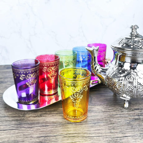 The Wine Savant Moroccan Glasses Artisan Hand-Made Multipurpose 170 ml 6 oz Tea and Wine Morrocan Tumbler Marrakech & Casablanca Tea Cups Set of 6 (6 Colors)-2