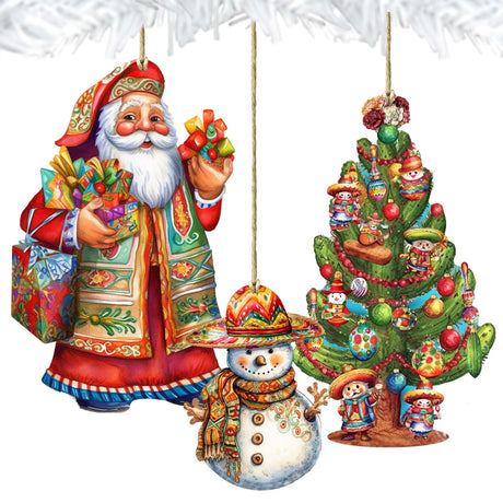 Santas Around the World - Mexican Inspired Santa - Wooden Ornaments Set of 3 by G. DeBrekht | Christmas Santa Snowman Décor - 8091308S3-2