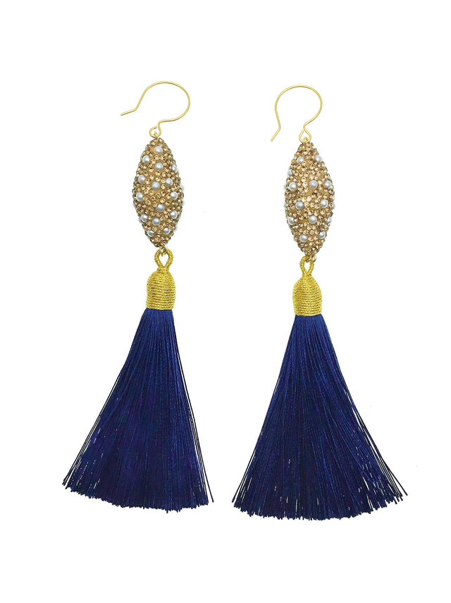 Rhinestones Bordered Pearls With Deep Blue Tassel Earrings CE003-0