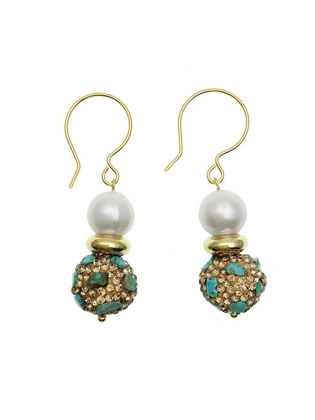 Freshwater Pearl With Rhinestone Turquoise Hook Earrings CE020-0