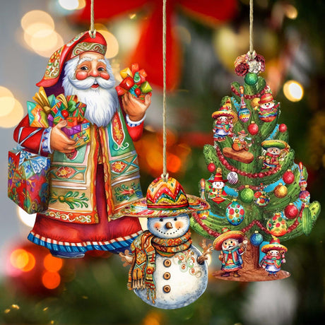 Santas Around the World - Mexican Inspired Santa - Wooden Ornaments Set of 3 by G. DeBrekht Christmas Santa Snowman Decor - 8091308S3-1