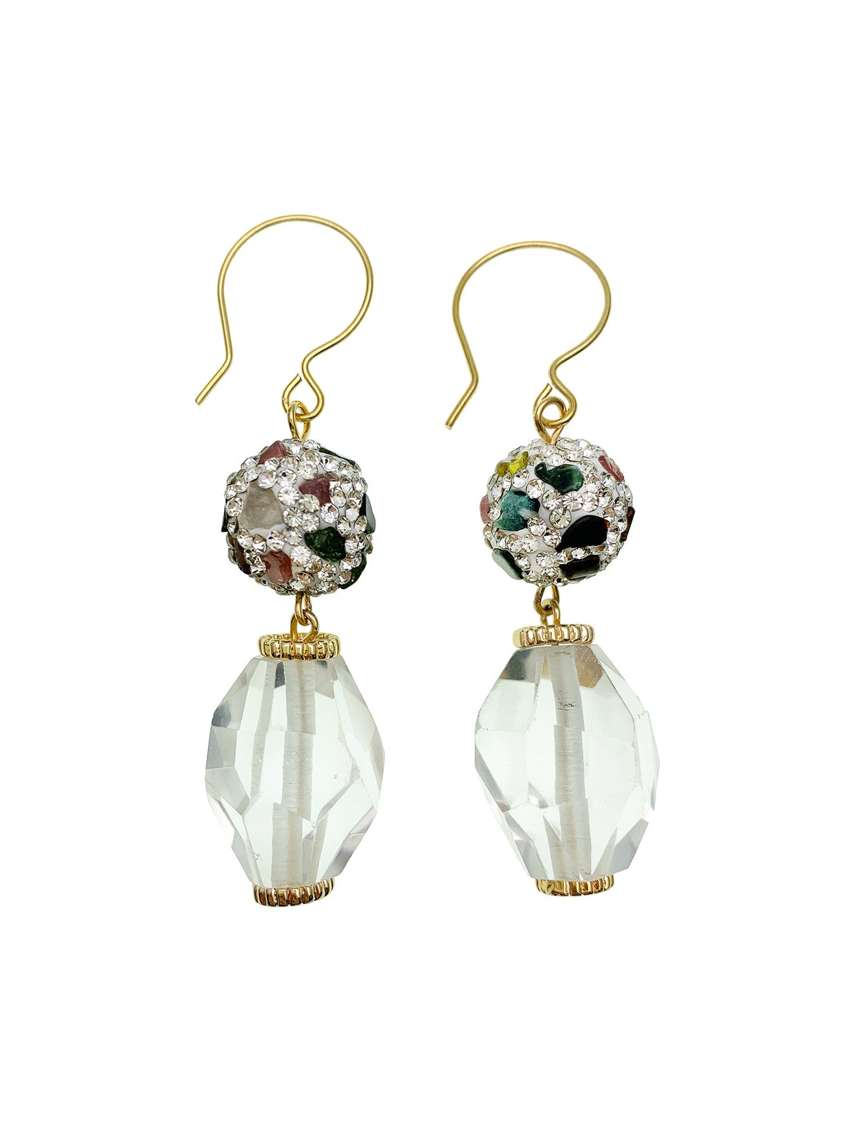 White quartz with rhinestones bordered tourmaline dangle earrings EE022-0