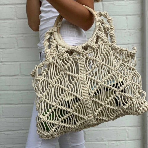 Macrame Bag with Wooden Handle