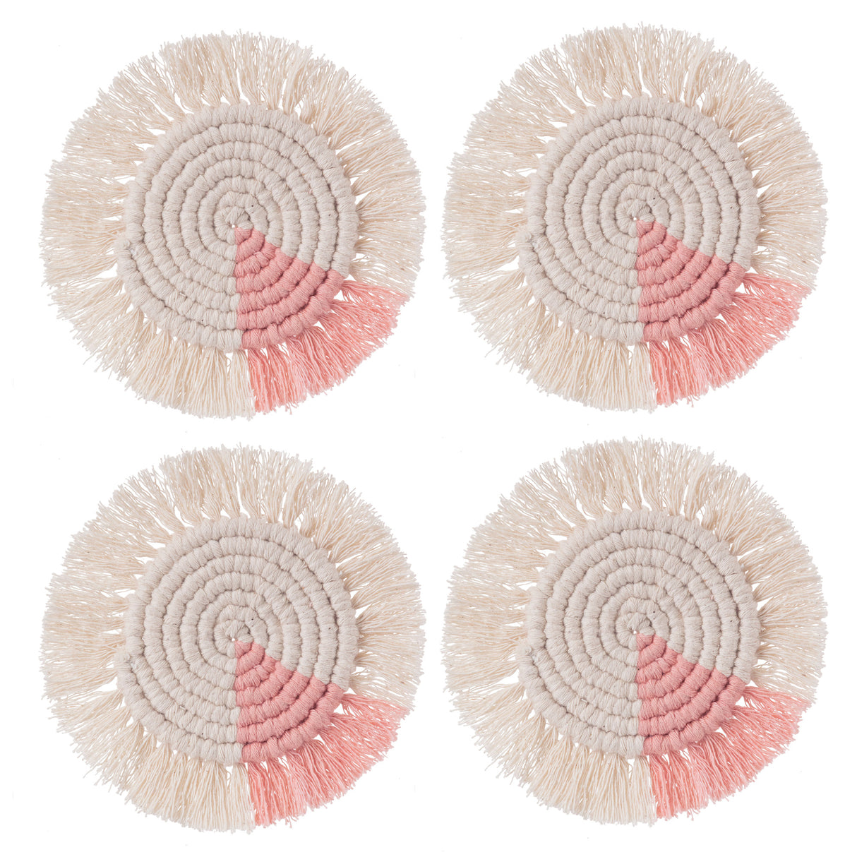 Macrame Coasters in Blush with fringe, Set of 4