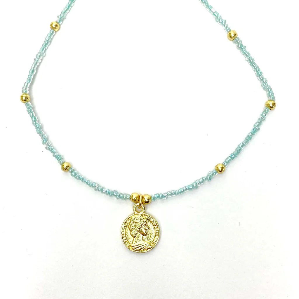 Baby Blue Glass Bead Choker with Brass Coin Pendant