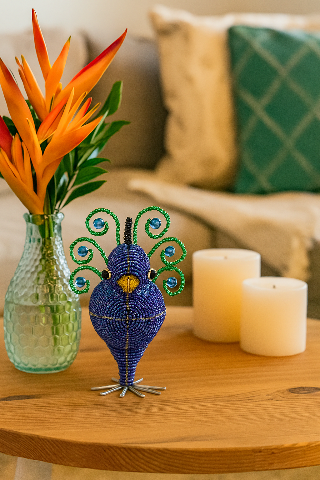 Beaded Baby Peacock Sculpture â€“ Handmade by Haitian Artisans.