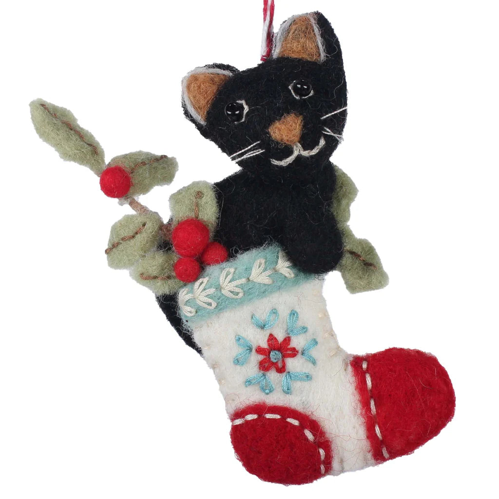 Black Kitty in Stocking Felt Ornament