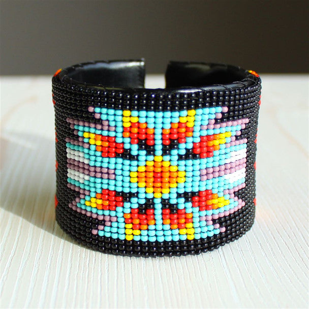 Black Sunburst Guatemalan Beaded Wide Glass and Crystal Bead Cuff Hand Crafted One Size 2" x 7"