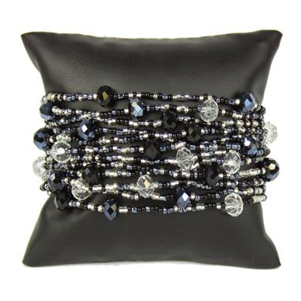 Black and White Gleaming Crystals and Glass Beads Twelve Strands 3" Wide Bracelet