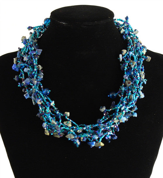 Blue Strand Magnetic Clasp Glass Beads 19" Long Necklace Hand Made