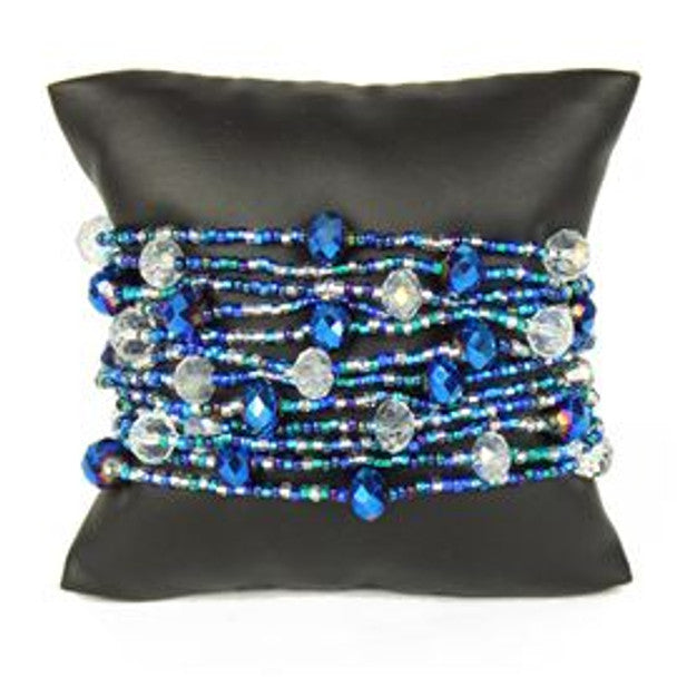 Blue and Crystal Beads Twelve Strands 3" Wide Bracelet Double Magnetic Clasp