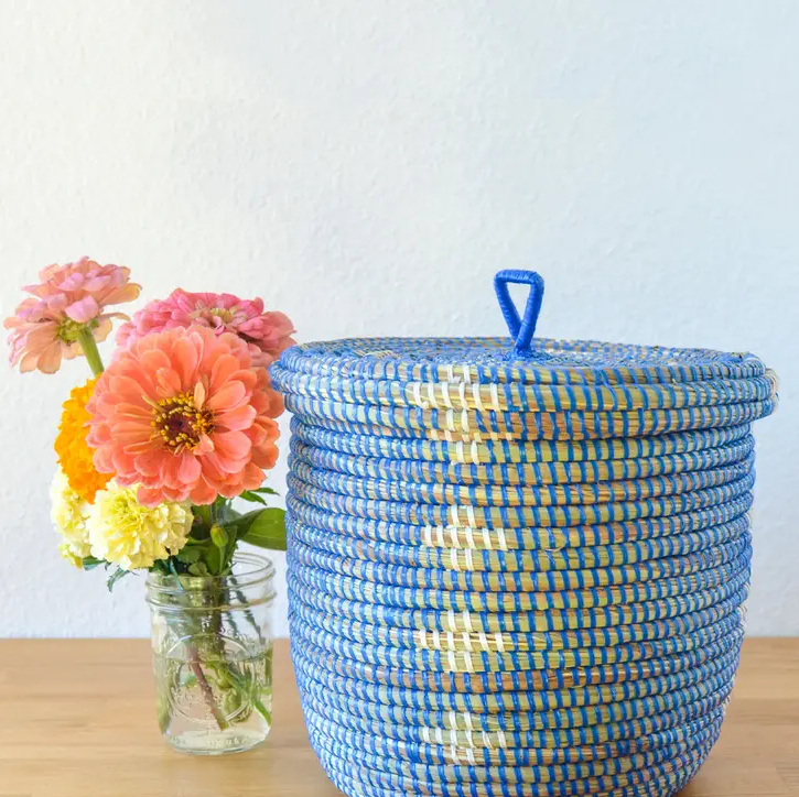 Blue and White Blossom Lidded Storage Basket