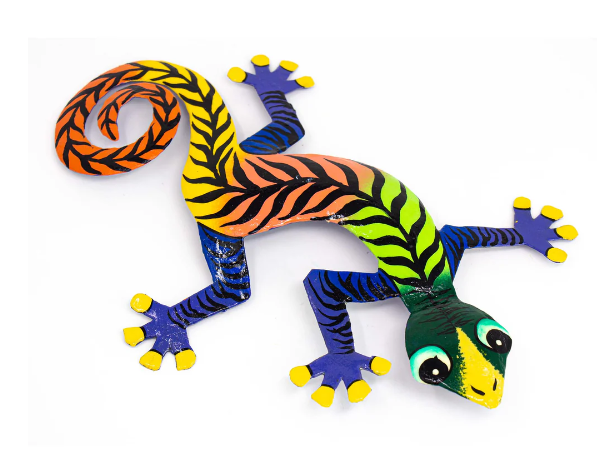Colorful Gecko Haitian Steel Drum Wall Art, 13 inch Black Stripes