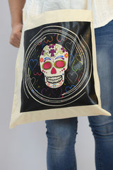 Cotton Canvas Silk Screened Sugar Skulls Day of the Dead Tote Style 10 Size 14" x 16"