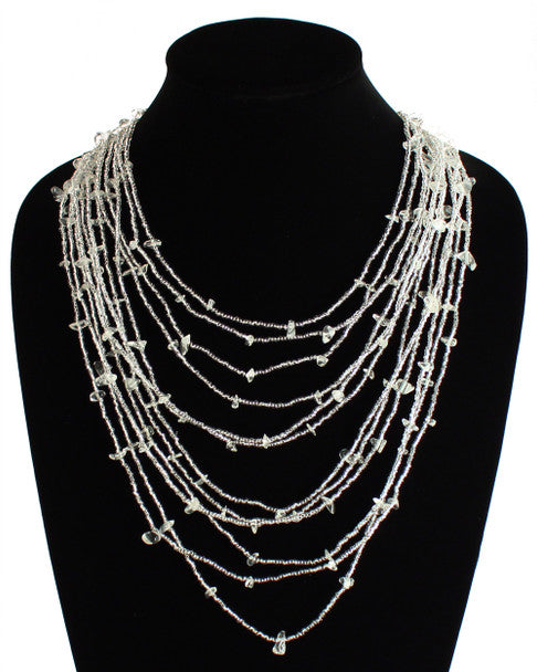 Crystal Cascade Necklace Woven Bead Crystals Magnetic Clasp White Glass 24" Guatemala Beaded Jewelry