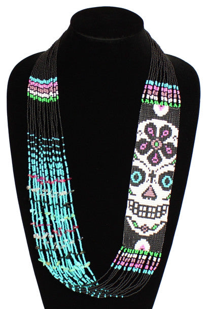 Dia de Los Muertos Magnetic Clasp Glass Beads 2.5" x 22" Long Superfine Necklace Black and Pink