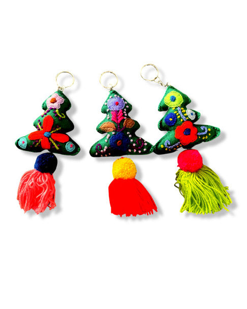 Embroidered Pine Tree Christmas Felt Ornament Pom Pom Keychain