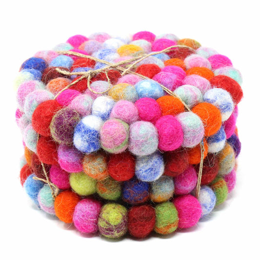 Hand Crafted Felt Ball Trivets from Nepal: Round, Rainbow