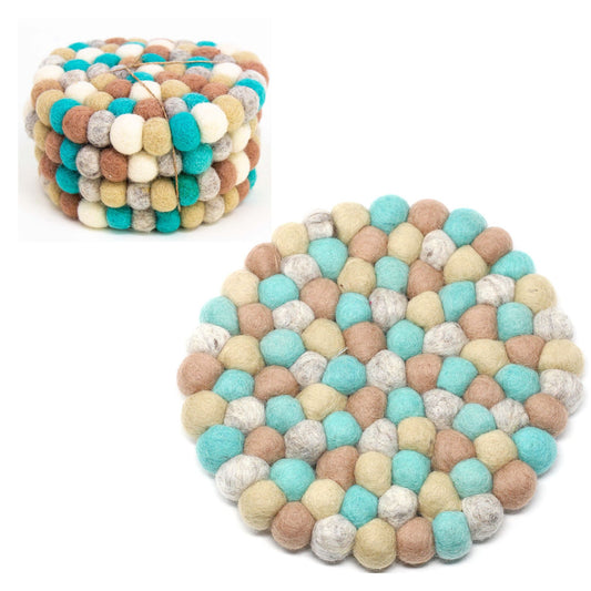 Hand Crafted Felt Ball Trivets from Nepal: Round, Sky