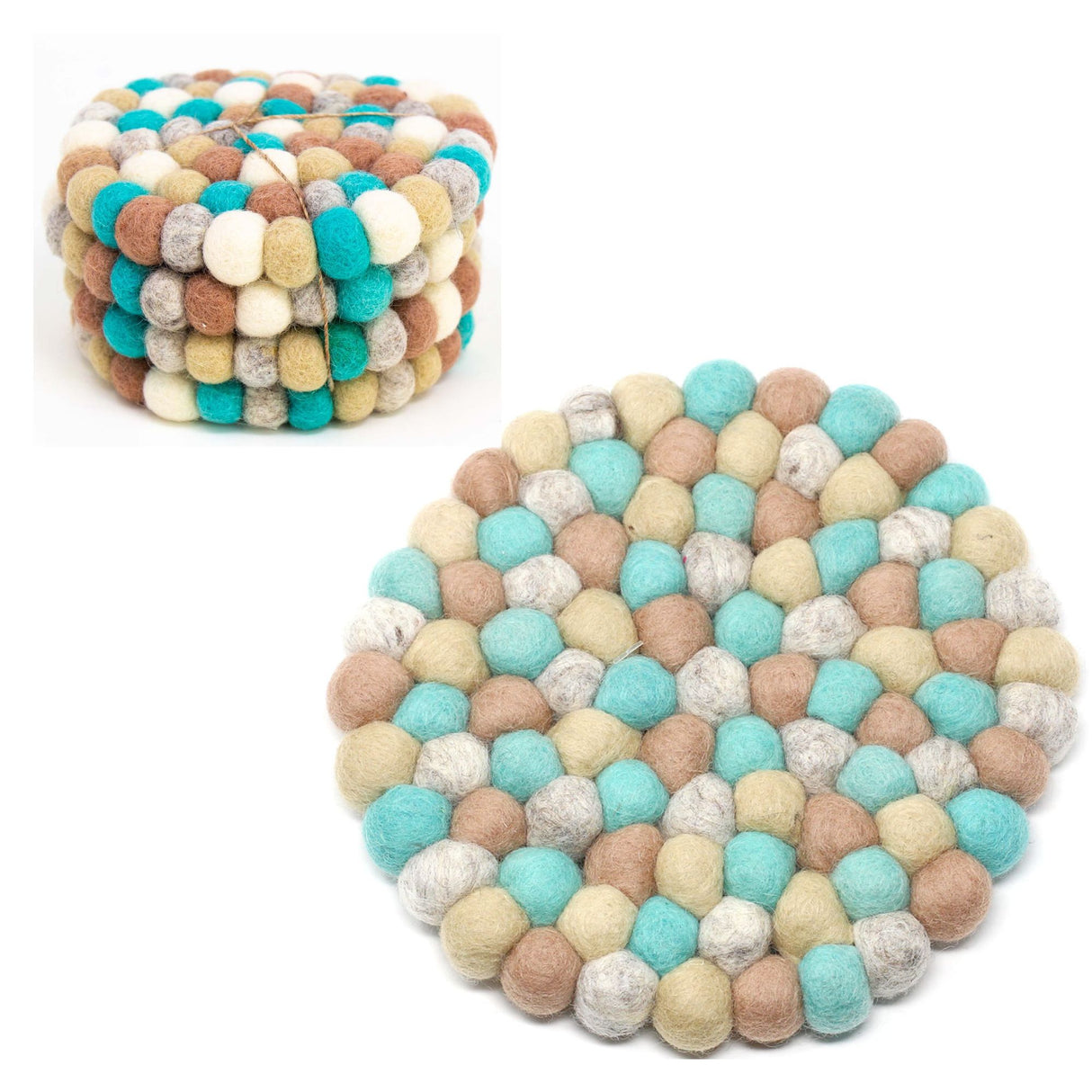 Hand Crafted Felt Ball Trivets from Nepal: Round, Sky