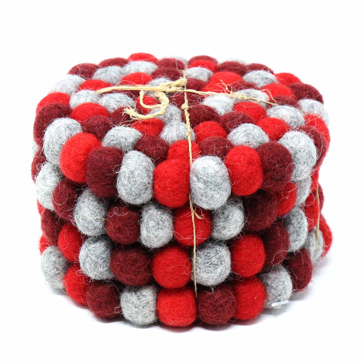 Hand Crafted Felt Ball Trivets from Nepal: Round Chakra, Reds