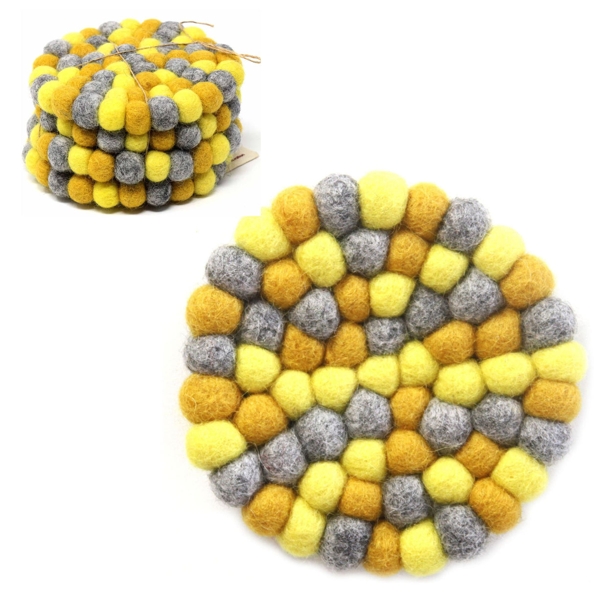 Hand Crafted Felt Ball Trivets from Nepal: Round Chakra, Yellows