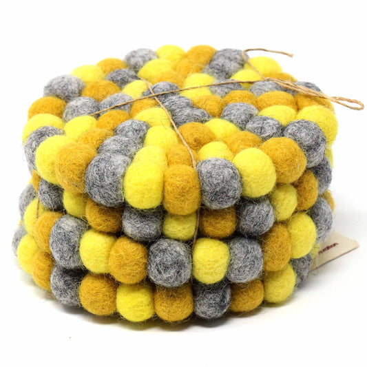Hand Crafted Felt Ball Trivets from Nepal: Round Chakra, Yellows