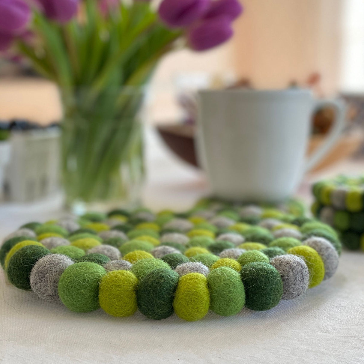 Hand Crafted Felt Ball Trivets from Nepal: Round Chakra, Greens