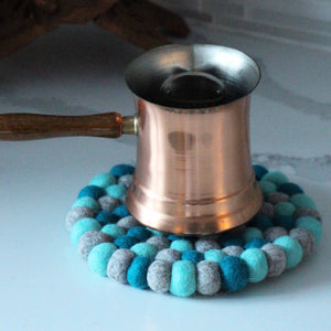 Hand Crafted Felt Ball Trivets from Nepal: Round Chakra, Light Blues