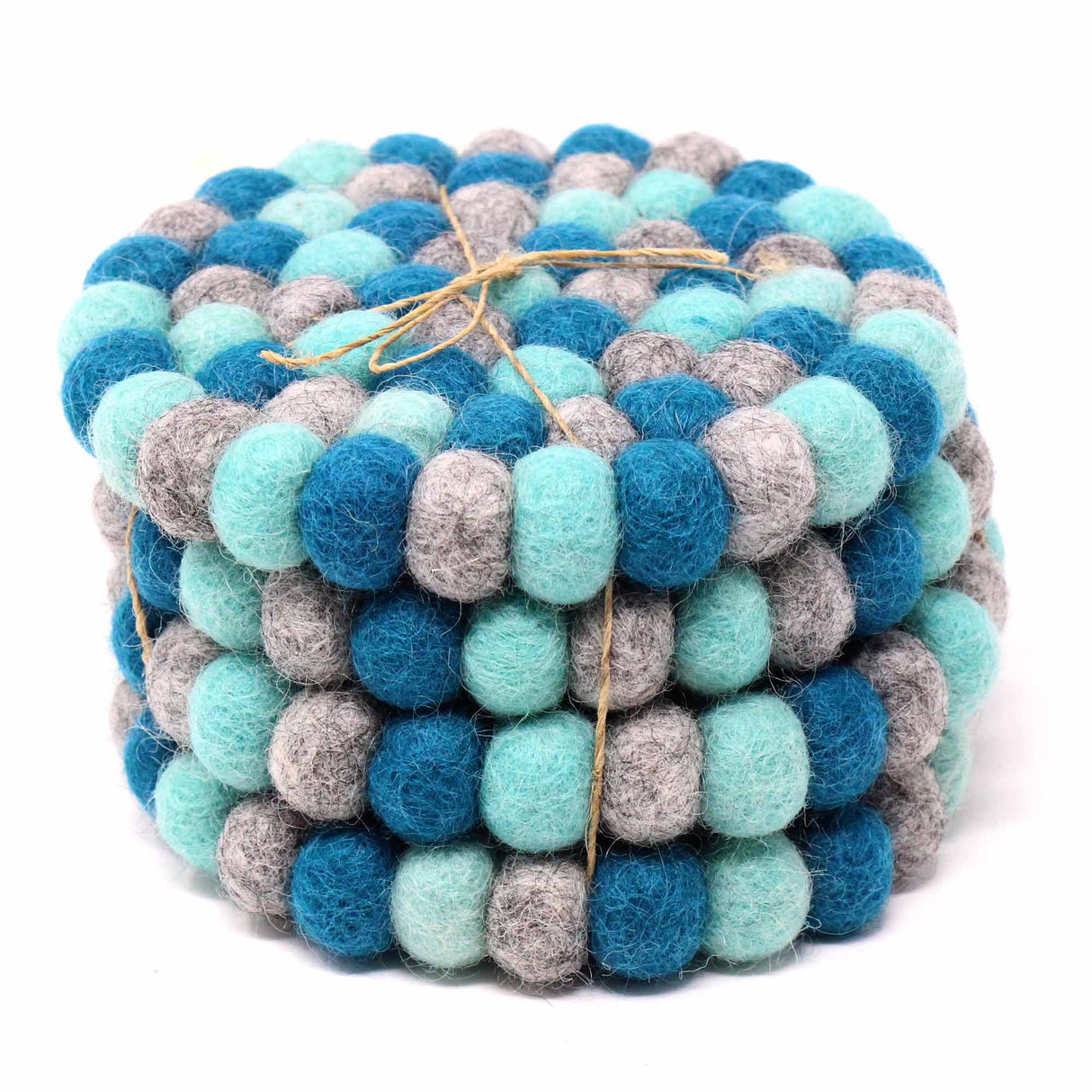 Hand Crafted Felt Ball Trivets from Nepal: Round Chakra, Light Blues