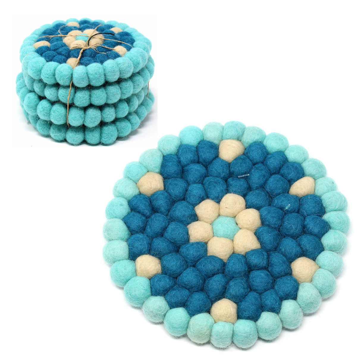 Hand Crafted Felt Ball Trivets from Nepal: Round Flower Design, Turquoise