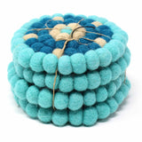 Hand Crafted Felt Ball Trivets from Nepal: Round Flower Design, Turquoise