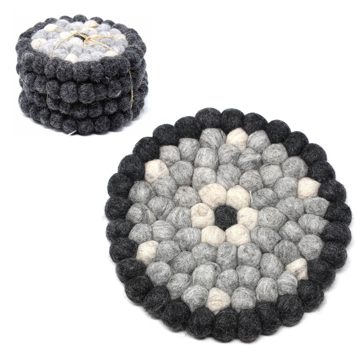 Hand Crafted Felt Ball Trivets from Nepal: Round Flower Design, Black/Grey