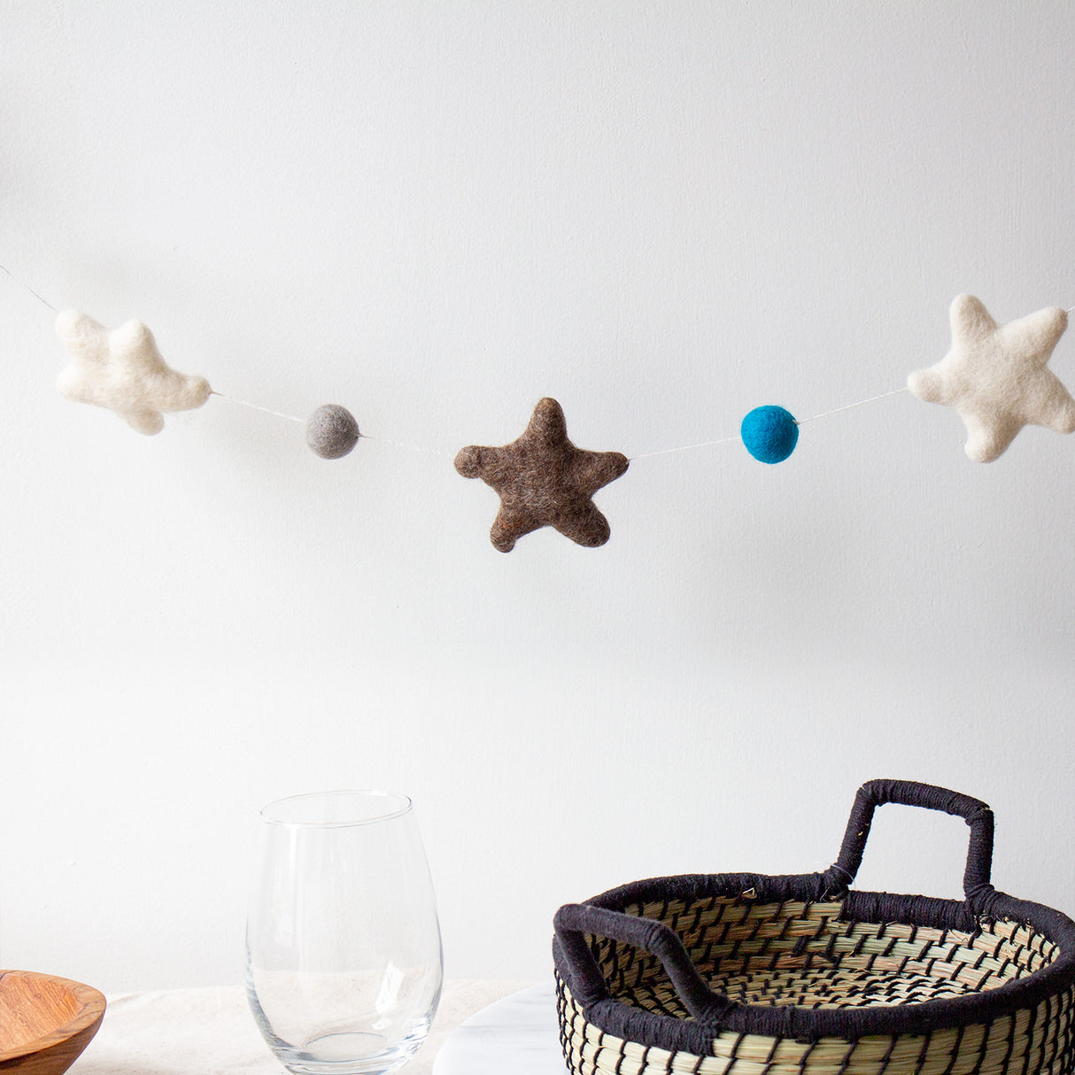 Hand Crafted Felt from Nepal: Stars Garland, Grey/Blue