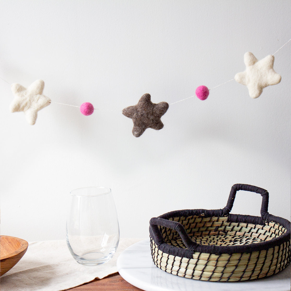 Hand Crafted Felt from Nepal: Stars Garland, Grey/Pink