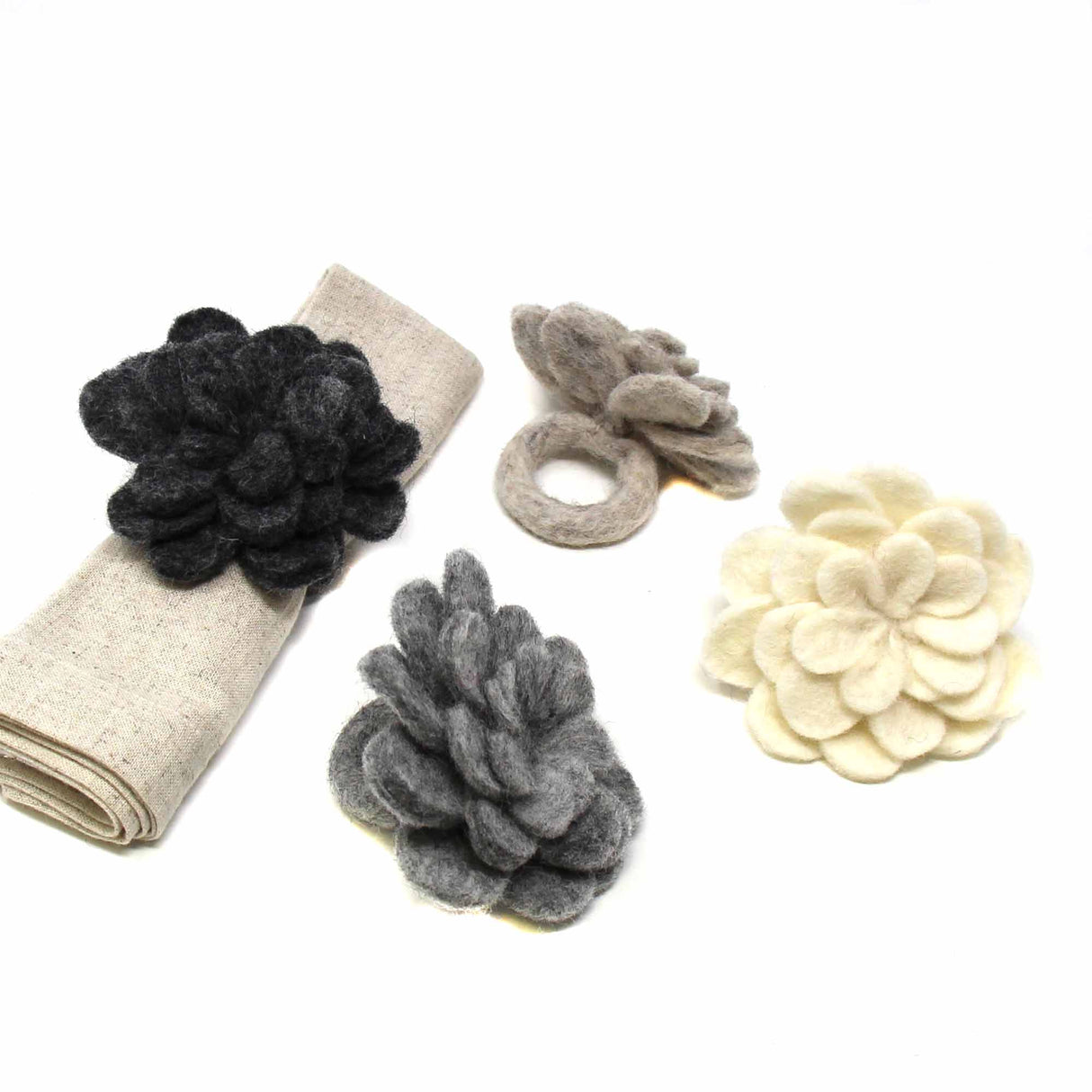 Hand Crafted Felt: Set of 4 Napkin Rings, Assorted Neutral Color Zinnias
