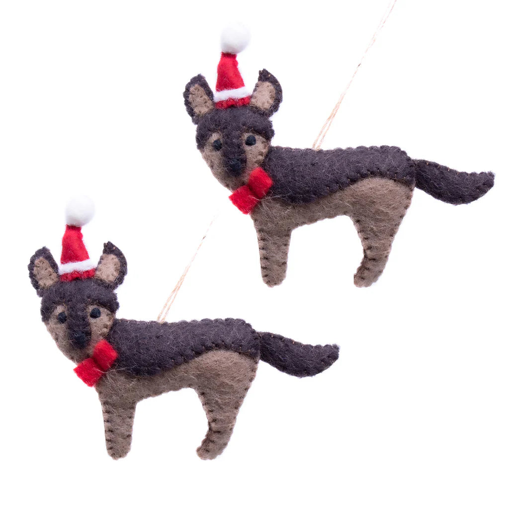 German Shepherd Santa Handmade Felt Ornaments, Set of 2