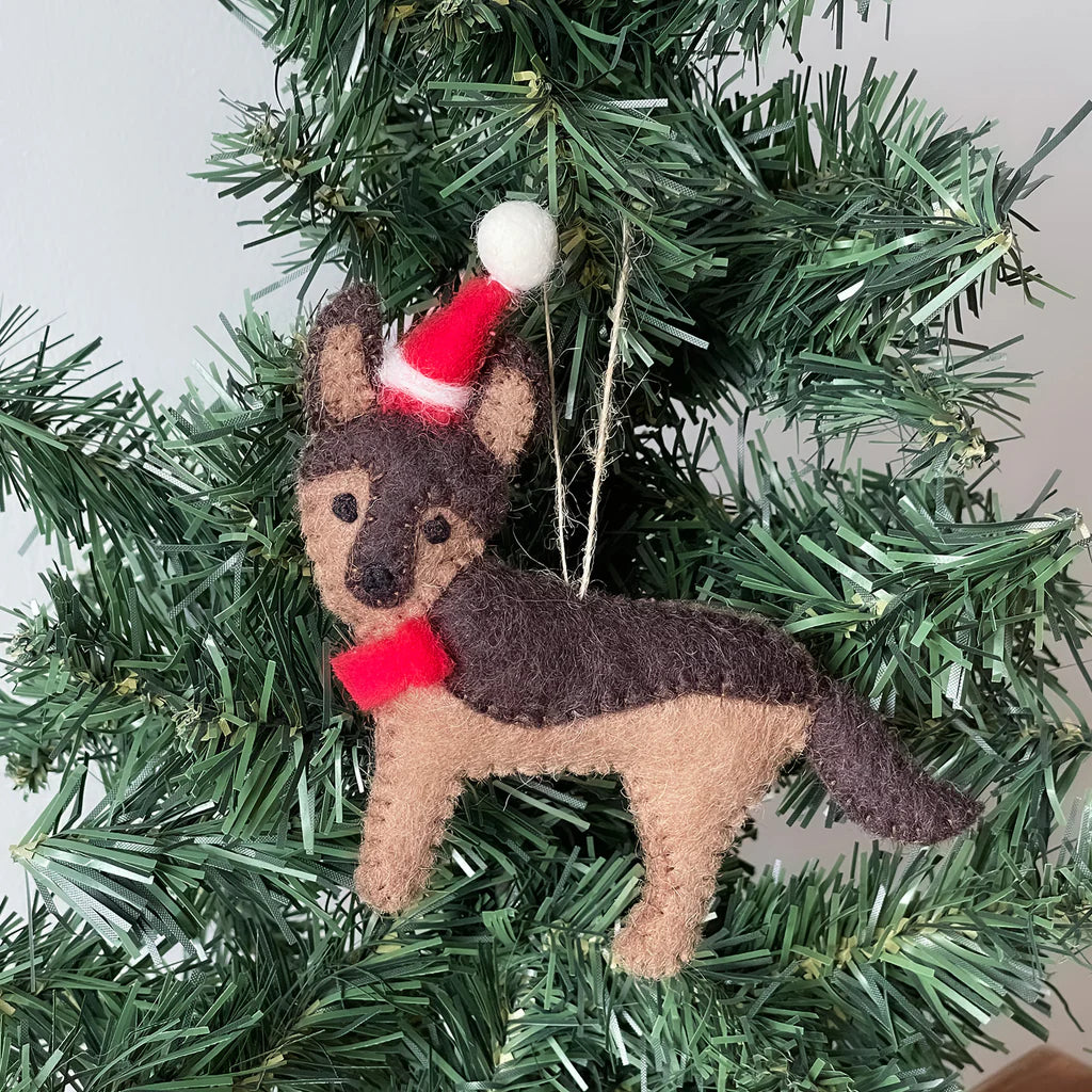 German Shepherd Santa Handmade Felt Ornaments, Set of 2