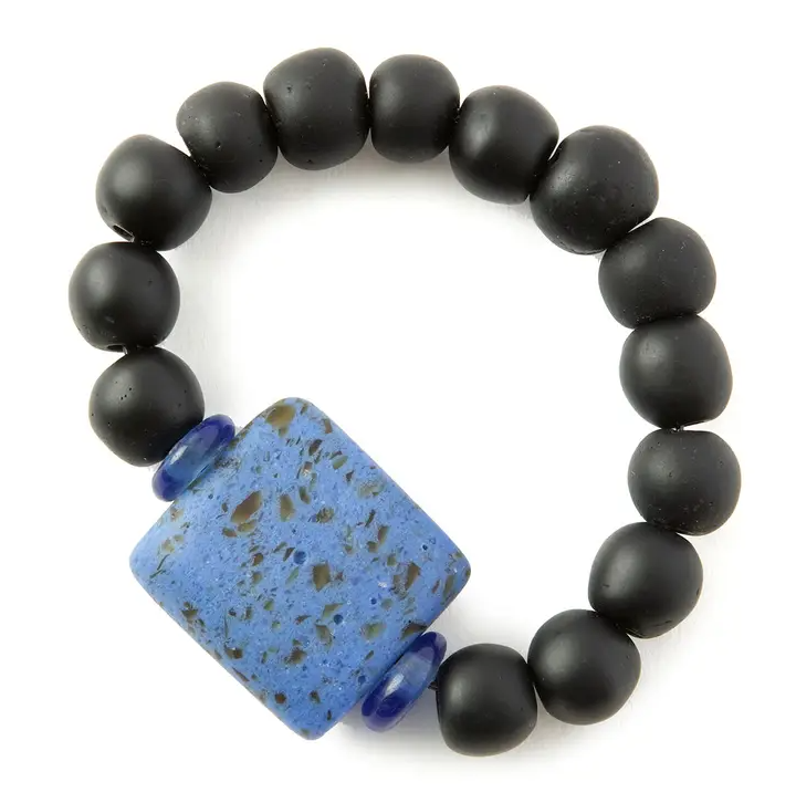 Ghanaian Recycled Glass Plank Bead Bracelet in Blue and Black