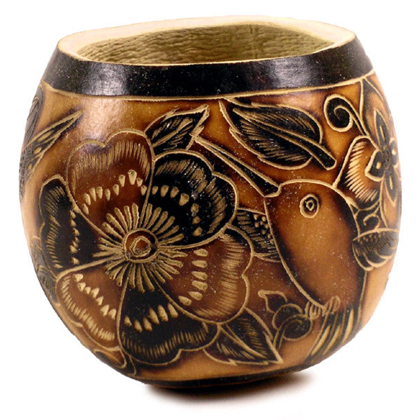 Gourd Bowl - Floral/Insect Designs Hand Carved 5"